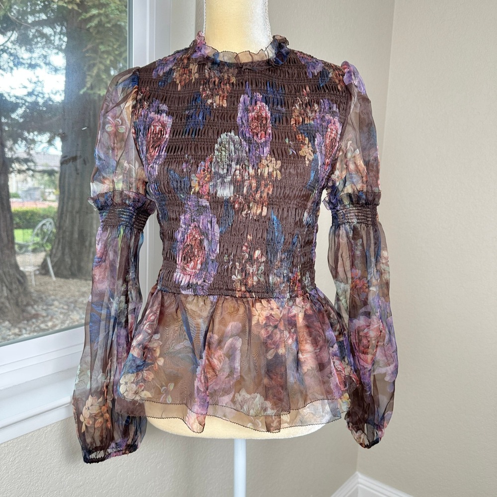Fate Floral Sheer Smocked Peplum Blouse Top Womens S Mock Neck Elegant Romantic